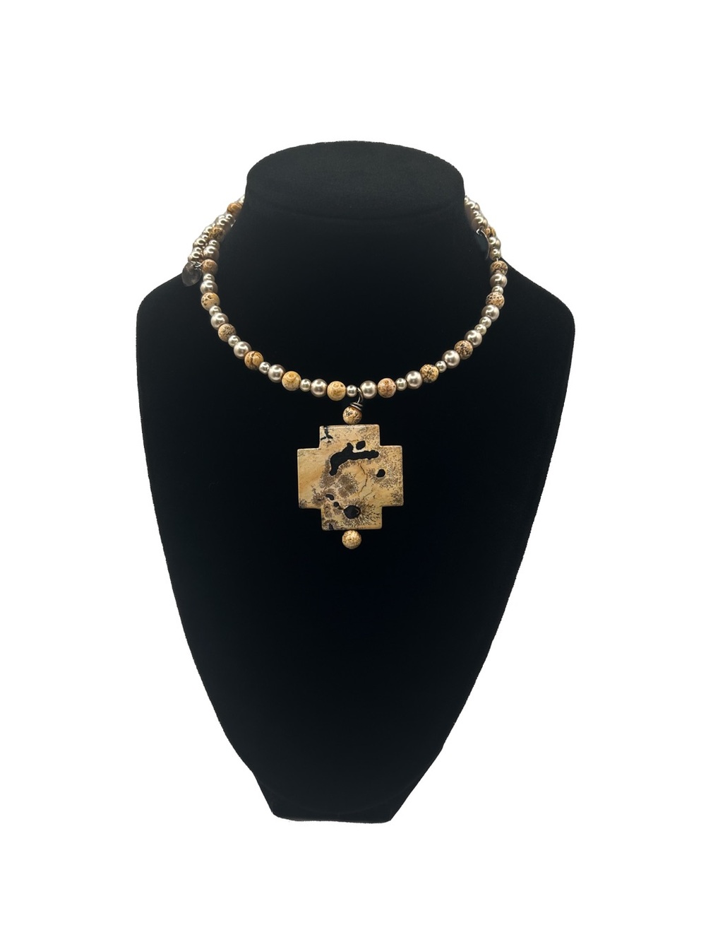 Vintage Sterling Silver Dendritic Jasper Cross Choker Necklace and Faux Pearls